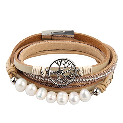 GelConnie Leather Cuff Bracelet Baroque Pearl Wrap Bracelet Gorgeous Gold Tube Bangle Boho Bracelet Bohemian Wristband Jewelry Gift for Women Wife - color: Tree Of Life Leather Bracelet