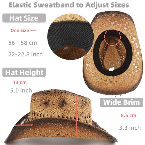 Straw Cowboy Hat for Women and Men with Shapeable Wide Brim Sun Beach Western Cowgirl Hat - color: Khaki-paint