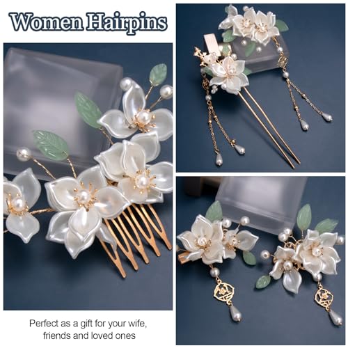 HINZIC 5PCS Camellia Flower Tassels Hairpin, Crystal Rhinestone Pearl Hair Clips Headpiece Retro Chinese Hanfu Wedding Brides Hair Accessories Korean Jewelry for Women Girls Updo Long Hair - color: Camellia