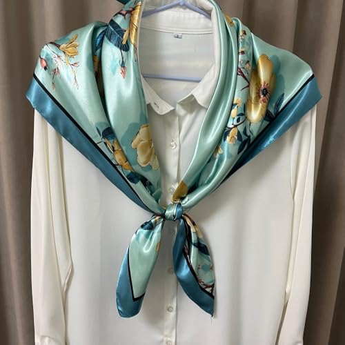 Julunar Silk Like Head Scarf for Women - Satin Large Hair Scarves - 35" Square Silk Hair Wrap for Sleeping with Gift Packed - color: A000-3 Flowers Green