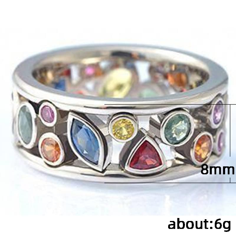Vintage 925 Sterling Silver Multicolored Crystal Ring AAA Cubic Zirconia Boho Statement Band Ring for Women, Geometrical Gemstone Eternity Ring Cocktail Party Ring - color: Size-7