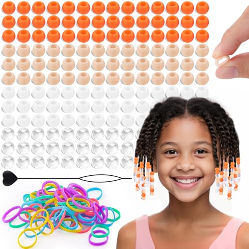 160Pcs 10mm Small Silicone Beads for Hair Braids, Soft Jellyish Pony Hair Beads with 5mm Hole + 50 Rubber Bands and 1 Beader for Braiding, DIY Bracelets Necklaces Crafts (Orange) - color: Orange Mix-160Pcs