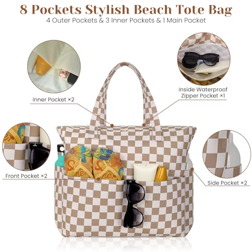 Trifabricy Beach Bags for Women Waterproof Sandproof Women Tote Bag, Large Beach Bag with Zipper for Gym Travel Vocation - color: Brown Beige Grid