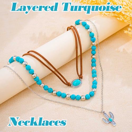 Layered Western Necklace Turquoise Beaded Choker Necklaces Cactus Pendant Necklaces Jewelry Accessories for Women