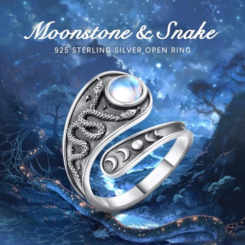 Vito 925 Sterling Silver Adjustable Open Spoon Ring for Women Men, Lotus Sunflower Snake Spoon Band Rings Feather Hug Witches Knot Inspirational Jewelry Gift for Wife - style: Snake