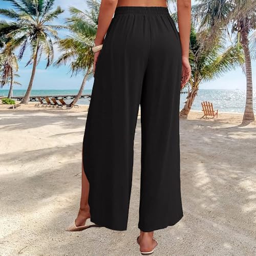 Wide Leg Tie Belted Linen Capri Pants for Women Casual High Waist Irregular Split Hem Palazzo Cropped Trousers - color: Black, size: Small