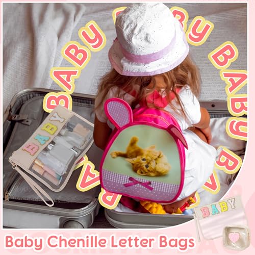Hillban 2 Pcs Baby Bag Set Chenille Letter Bags Preppy Patch Makeup Pouch Baby Travel Pouch Waterproof Portable Toiletry Storage for Women Mom - style: Baby Theme