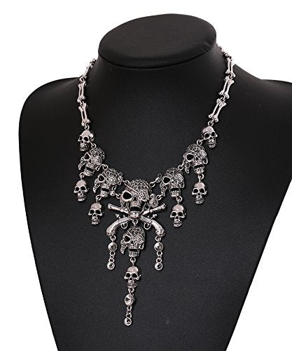 Pingyongchang Vintage Pirate Skull Tassel Charm Necklace and Skull Bracelet Lady Horror Necklace for Women - color: Antique silver