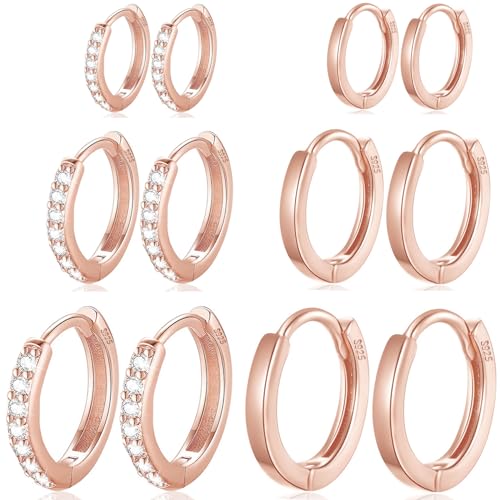 Cocadant 6 Pairs 925 Sterling Silver Small Hoop Earrings for Women,14k Real Gold Hypoallergenic Tiny Cubic Zirconia Cartilage Huggie Earring Sets for Multiple Piercing Trendy Jewelry 8/10/12mm - color: 6 Pairs Rose gold,8mm 10mm 12mm