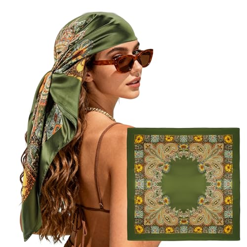 Large Square Head Scarf Bandana - 35" Satin Hair Scarf for Women Like Silk Scarf Fashion Hair Wrapping - color: Paisley(green), size: 35IN*35IN