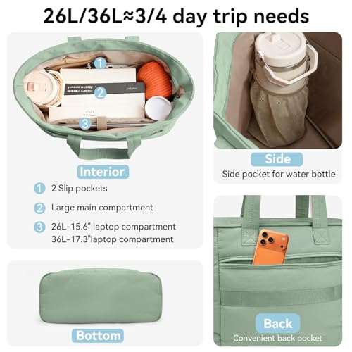 Puffer Tote Bag with Pouch, Women's Lightweight Quilted Shoulder Bag, 15.6"/17.3 Laptop Travel Weekender for Work & Nurses - color: Green, size: Medium