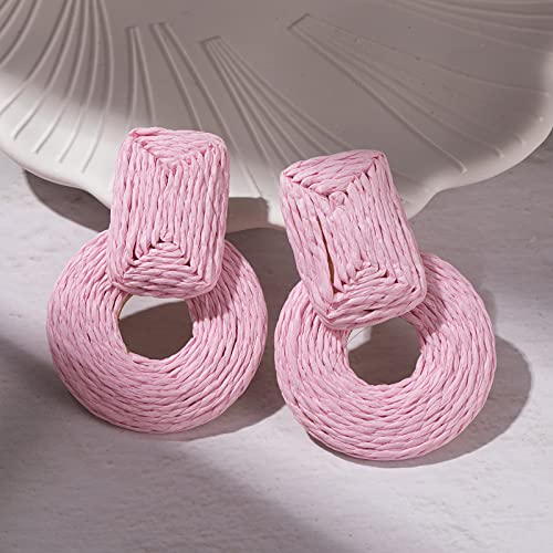 Statement Raffia Earrings Cute Boho Earrings Rattan Dangle Earrings Handmade Straw Wrap Earrings Summer Drop Dangling Earrings for Women Teen Girls - color: Pink