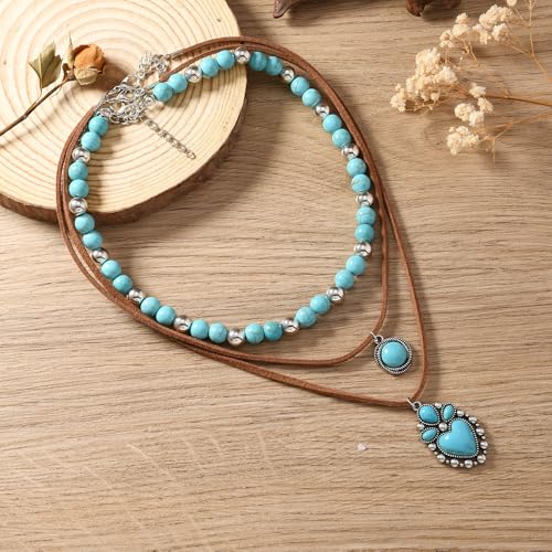 ONLYJUMP Boho Turquoise Leather Choker Necklace for Women Bohemian Handmade Leaf Layered Black Brown Suede Western Cowlady Necklace Western Country Party Jewelry Gifts - style: Heart
