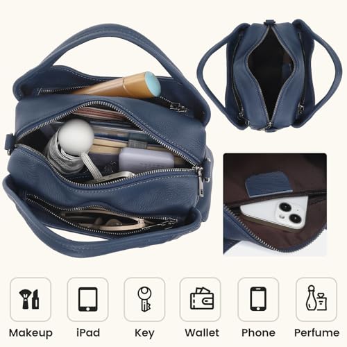 KOGTLA Medium Genuine Leather Purses for Women with Detachable Satchel Strap, Ladies Soft Handbags, Tote Hobo Bags - color: Blue
