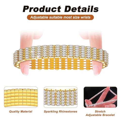Kucheed Rhinestone Stretch Bracelets, Twinkle Diamond Tennis Bangle, Silver Crystal Sparkling Bridal Stackable Bracelet Jewelry, Bling Shining Wedding Party Elastic Band Bracelet for Women - color: Gold - 8 Rows