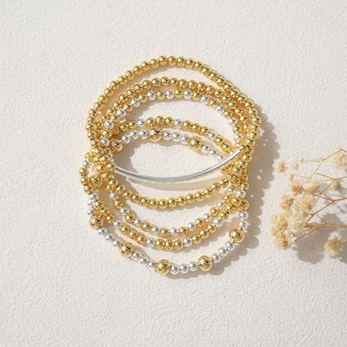 14K Gold Plated Beaded Bracelets Stack Set for Women,Stretch Boho Colorful Beads Ball Jewelry Friendship Summer Trendy - color: Gold silver
