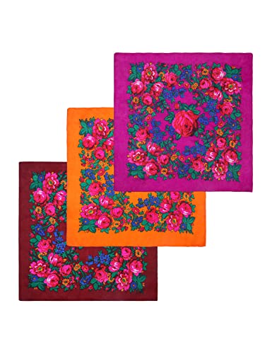 MJ SERECA Acrylic Bandana Printed Hair Scarf Square Ukrainian Head Scarf Floral Babushka Neck Scarf for Women 30"/42"/60" - color: 3 Pack-f 30"