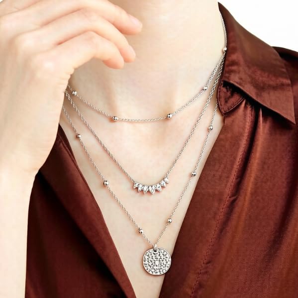 BBV Layered Gold Necklaces for Women Stackable Dainty 14K Gold Plated Silver Chain Necklace Layering Cute Fashion Pendant Choker Necklaces Trendy Jewelry Set Gifts for Women - color: silver, style: hammered texture round