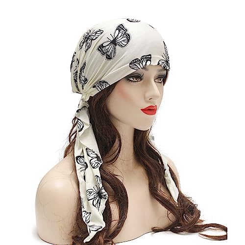 ZLYC Chemo Headwear Pre Tied Head Scarf Headwraps Lightweight Turban Beanie Cap for Women - color: Butterfly White