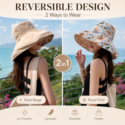 HUAMULAN Women Summer Sun Hat Wide Brim Wired Edge Floral Beach Bucket Hats Reversible Foldable Travel UV Protection Lady Hat - color: M2320-khaki