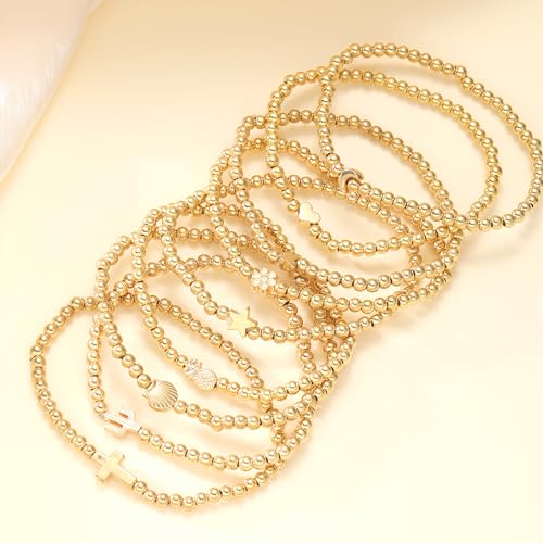 ÌF ME 16 PCS Gold Bead Bracelet for Women, Gold Beaded Stretch Plated Stackable Strand Bead Ball Bracelets stack Adjustable Jewelry Set for Gifts - color: 9 PCS Gold