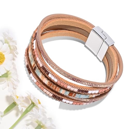VIBILIA Boho Leather Wrap Bracelets for Women Multi-Layer Bracelets with Strong Clasp Jewelry for Women - color: 03-BohoBraid-Khaki