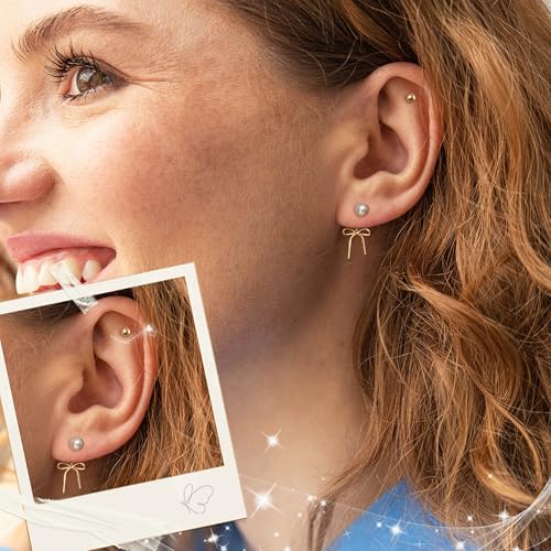 SmileBelle 2 Pairs Daisy Bow Gold Earrings Set for Women, Pearl Bow Earring for Women X Minimalist earrings Seashell Simple Dainty Earrings, Beach earring Gold Stud Earring for Women Trendy - style: Pearl earrings set