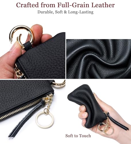 Leather Coin Purse for Women with Keychain & Wrist Strap – Small Zipper Coin Pouch, Mini Change Wallet, Slim Travel Key Pouch with Gift Box (Black) - color: Black
