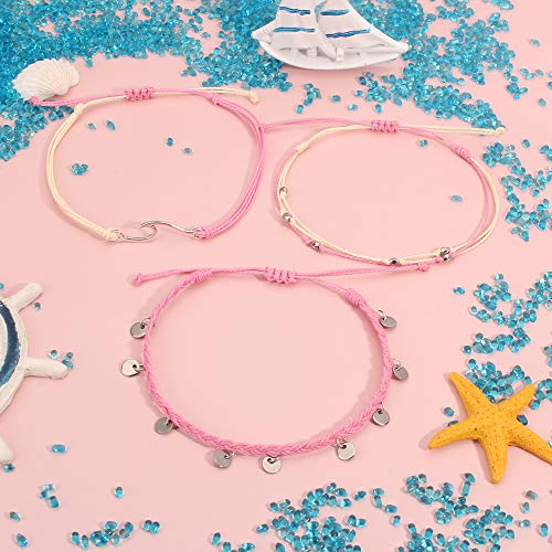 Waterproof String Anklets Cute Beaded Ankle Bracelets Beach Wave Anklet Stainless Steel Coin Boho Ankle Jewelry for Women - color: Pink