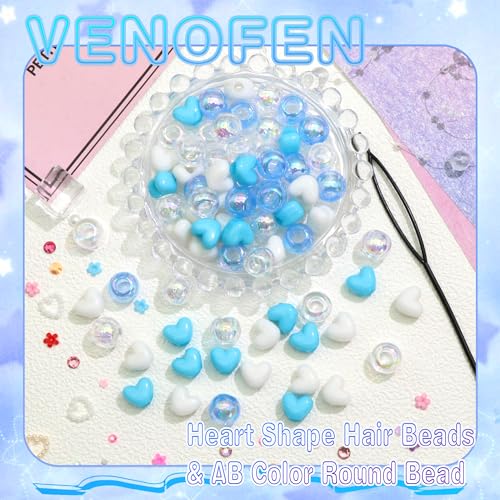 60PCS Heart Hair Beads Blue White AB Round Bead Loc Jewelry Accessories Lovely Acrylic Pony Dreadlock Beads for Kids Girls - color: Blue&White