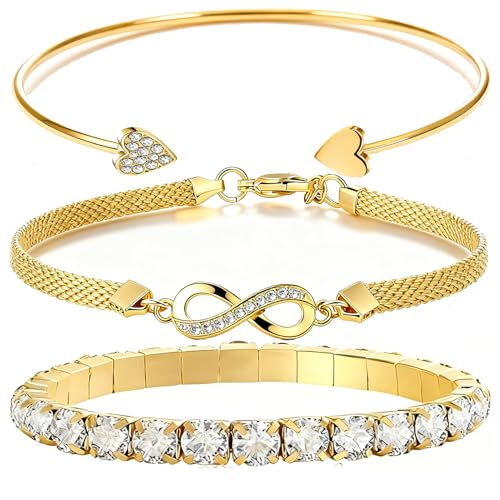 Alegend Titanium Steel (Not Rust, Resist Corruption, Easily Clean) 18K Gold Plated Single Bracelets + 14K Gold Plated Stackable Multilayer Bracelets - style: 14K Gold Heart & Infinity Symbol
