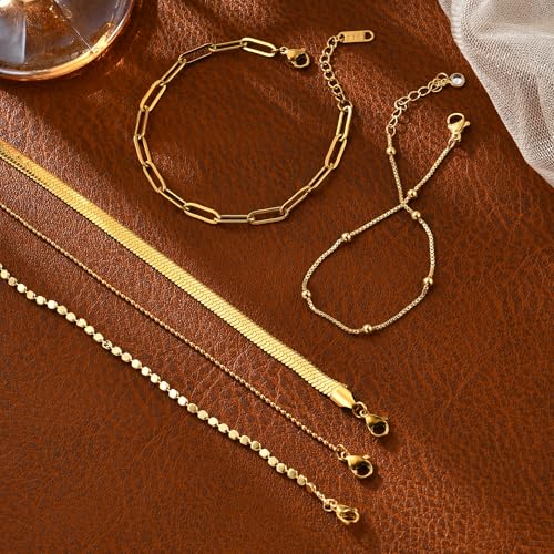 Gold Bracelets for Women, 14K Gold Plated Stackable Bracelet Stack Set Adjustable Charm Paperclip Chain Snake Link Layered Waterproof Jewelry Sets Gifts - style: Bracelets Set /6