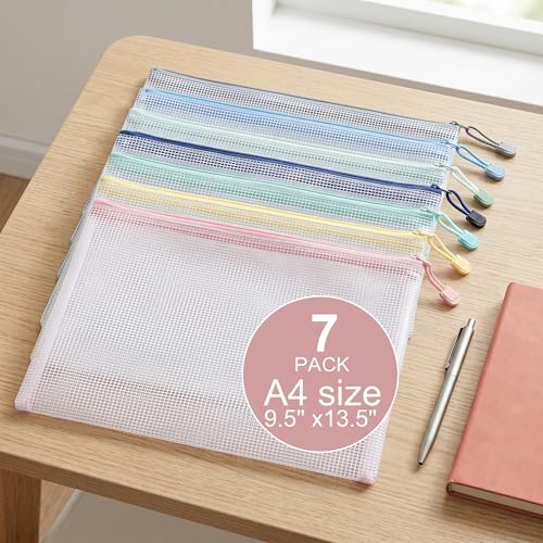 7 Pack Mesh Zipper Pouch Bags, A4 Plastic Zipper Bags,Waterproof File Pouches for Office Supplies, Travel, Storage, Puzzles & Board Games