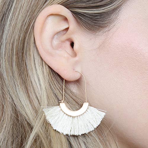 Bohemian Silky Thread Tassel Strand Fringe Statement Hoop Earrings - Lightweight Semi Circle Fan Threader, Mermaid Hoops - color: Fan Tassel Threader - Ivory