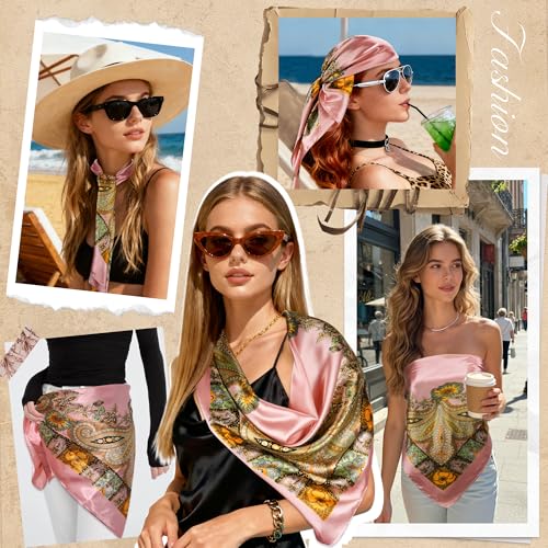 Large Square Head Scarf Bandana - 35" Satin Hair Scarf for Women Like Silk Scarf Fashion Hair Wrapping - color: Paisley(pink), size: 35IN*35IN