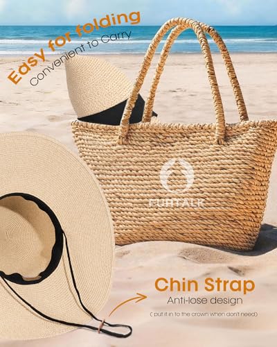 FURTALK Womens Sun Straw Hat Wide Brim UPF 80 Summer Hat Foldable Packable Floppy Beach Hats for Women - color: Mix Beige, size: Medium-Large