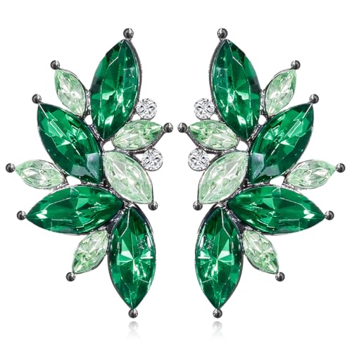 Bohemian Statement Sparkly Colourful Fancy Rhinestone Crystal Flower Dangle Drop Stud Earrings Vintage Wedding Bridal Prom Earrings for Women - color: Light Green