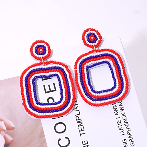 Beaded Drop Earrings Multicolored Seed Bead Earrings for Women Bohemia Statement Square Bead Hoop Dangle Earrings for Wedding Party Vacation - color: Red White Blue