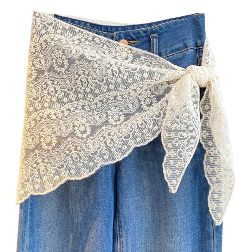 Women Y2K Lace Fringe Hip Scarf Boho Triangle Tassel Waist Cover Up Skirt Wrap Sheer Tie Belt Aesthetic Streetwear - color: F White
