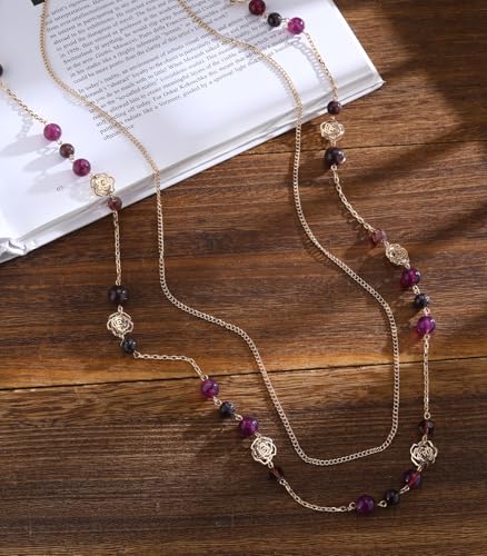 FULU AUTUMN Boho Gold Long Necklaces for Women Natural Stone Beaded Layered Long Necklace Mothers Day Gifts Dainty Flower Costume Jewelry for Women - color: Purple