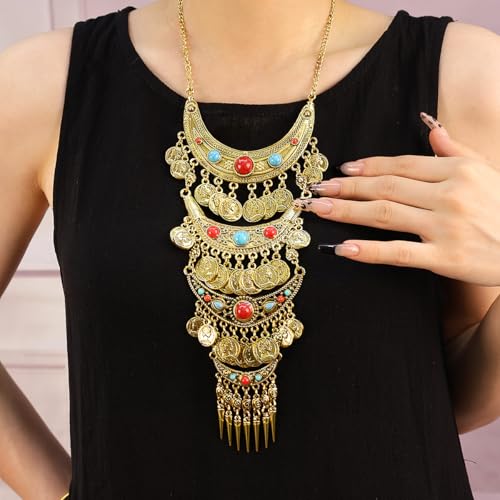 Bethynas Bohemian Ethnic Tribal Chunky Necklace Multilayer Long Tassel Turquoise Statement Neck Chain Retro Coin Gemstone Exaggerated Costume Accessories for Women - color: A-Gold