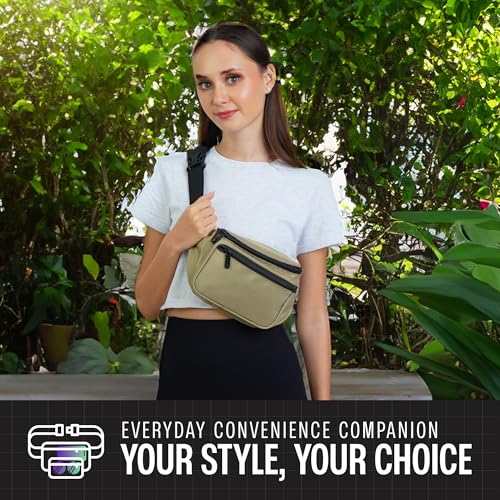 Olive Green Fanny Pack Belt bag - Crossbody Waist Bag for Men or Women - Hands-Free, Waterproof Large Bumbag for Hiking, Running, and Travel - color: Olive Green