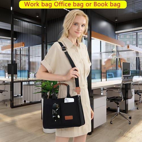ZHMO Canvas Tote Bag for Women,Women's Bags Crossbody Bags Work Laptop Tote Bag Large Handbags Purse for Travel Nurse Teacher - color: Canvs Demure Black With Compartments