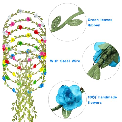30 Pcs Assorted Colored Flower Crown Bohemian Floral Garland Headbands Multicolor Headband Garland Wreath Green Leaves Decor for Women Wedding Birthday Fairy Party Favor Supplies