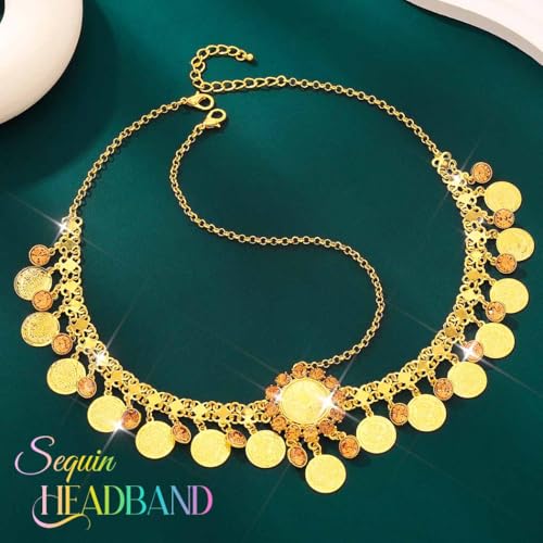 Catery Gold Coin Head Chain Gypsy Headpiece for Women Cotusme (Large Coin) | Egyptian Head Piece Belly Dance Hair Chain Indian Hair Jewelry for Cleopatra Costume Halloween Party Sparkly Dangling - color: Large Coin