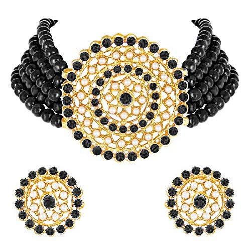 Aheli Pearl Diamond Choker Necklace & Round Earrings Gift for Women Indian Traditional Bollywood Fashion Bharatanatyam jewellery set - color: Black