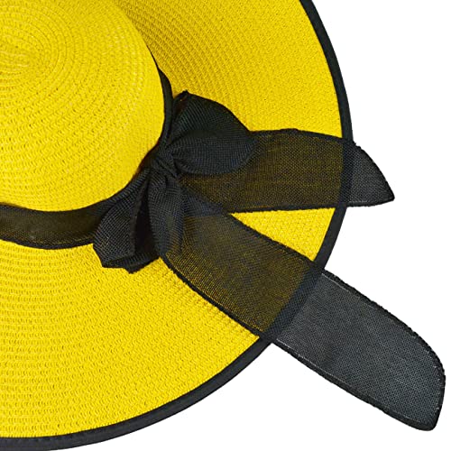 DRESHOW Beach Hats for Women Big Straw Wide Brim Summer Hat Floppy Foldable Roll up Cap Sun Hat UPF 50+ - color: Big Bow / Yellow+black 5.9" Brim