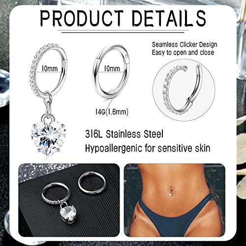 THUNARAZ 2Pcs Belly Button Rings for Women Surgical Stainless Steel Clicker Belly Rings Hoop CZ Heart Butterfly Dangle Navel Rings Belly Piercing Jewelry Silver Tone 14G - color: Silver Tone-Heart