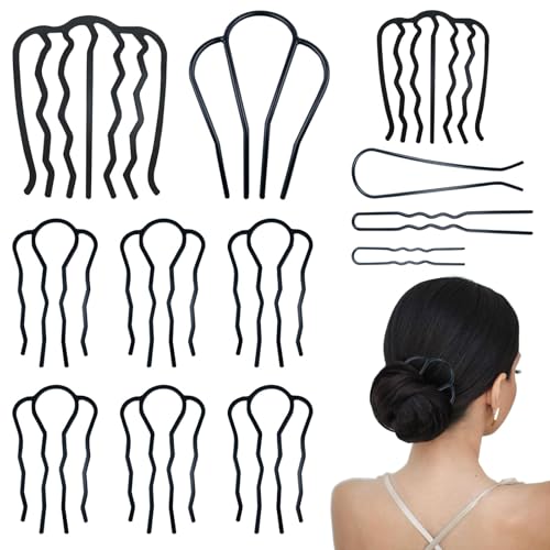 12 Pieces Hair Side Combs Metal Hair Fork Clip French Twist Comb Updo Hair Stick, U-Shape Teeth Styling Tools Messy Bun Maker Vintage Hairstyle Hair Pins Hair Accessories for Women and Girls - color: Black
