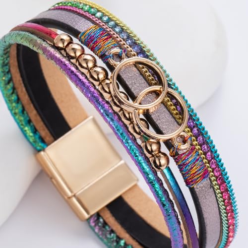 FANCY SHINY Boho Leather Wrap Bracelet Stackable Infinity Chunky Cuff Bracelets Western Hippie Outfits Jewelry Valentine Gifts for Women - color: Rainbow